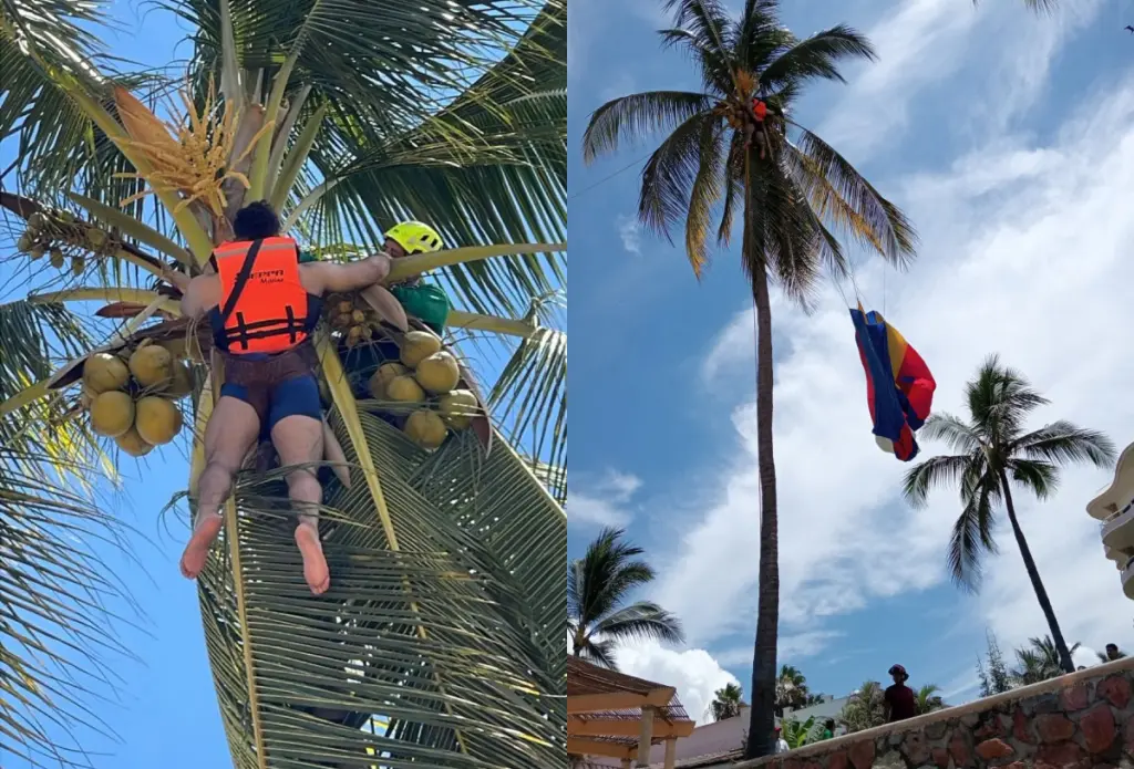 TURISTA DE MONTERREY QUEDA COLGADO DE UNA PALMERA TRAS FALLAR PARACAÍDAS EN BAHÍA
