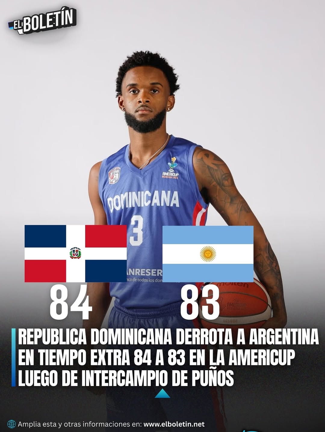 REPUBLICA DOMINICANA DERROTA A ARGENTINA EN TIEMPO EXTRA 84 A 83 EN LA AMERICUP LUEGO DE INTERCAMPIO DE PUÑOS
